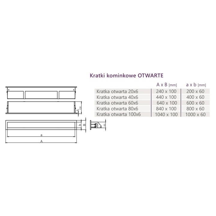 Kratka kominkowa OTWARTA 60x6cm inox