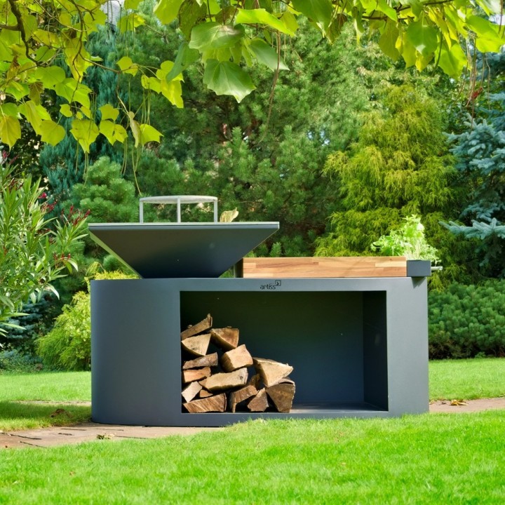 Palenisko-grill ogrodowy Artiss G3 grafit, blat drewniany, płyta ze stali węglowej ref. 2605-13