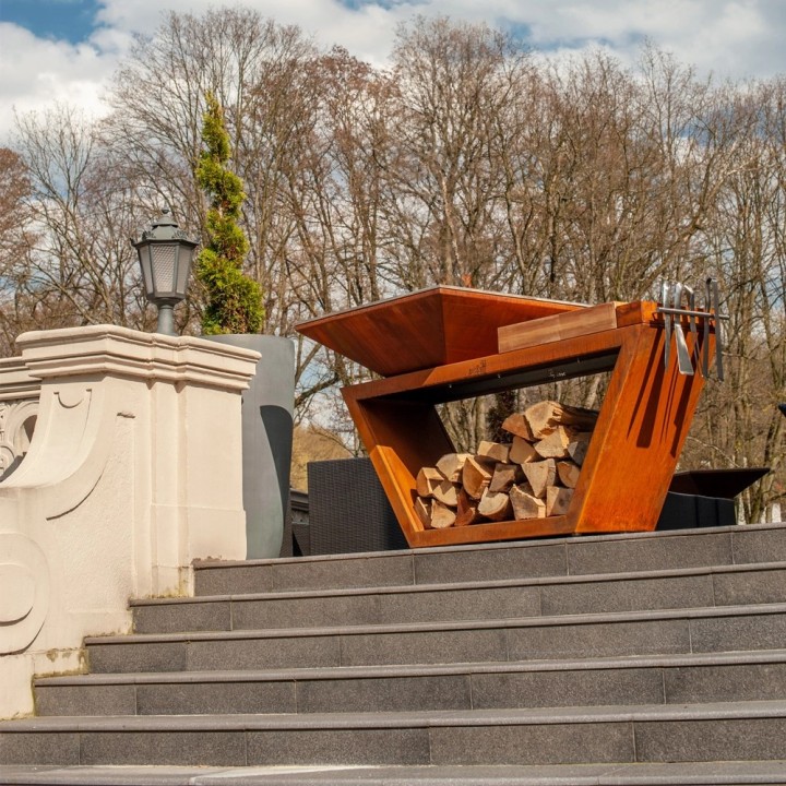Palenisko-grill ogrodowy Artiss G4 corten, blat drewniany, płyta ze stali węglowej ref. 2605-04